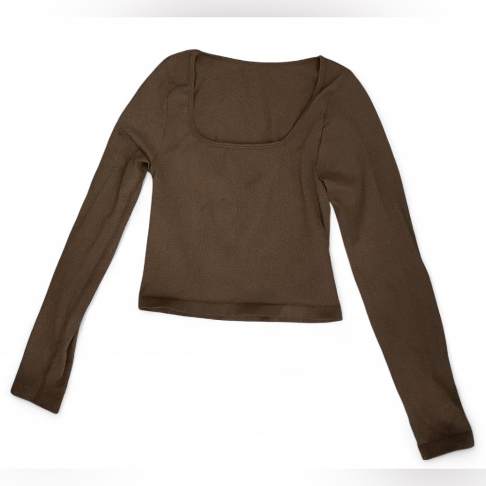 OQQ Brown Ribbed Knit Square Neck Crop Top Long Sleeve Pullover Size M